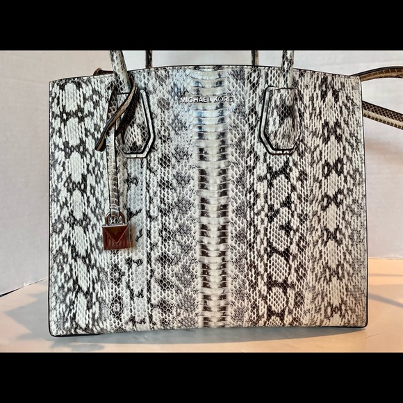Michael Kors Mercer Snake Skin Leather Natural Tote Large Shoulder Bag Handbag - Picture 4 of 13
